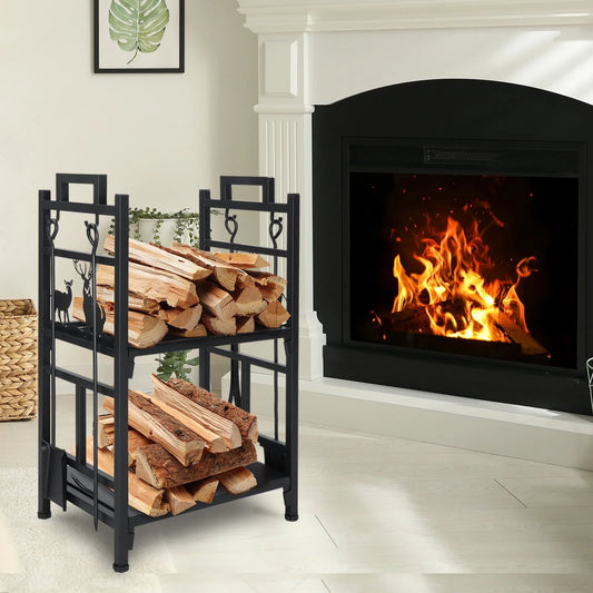 OverPatio Firewood Rack Fireplace Tool Rack Indoor Wood Holders Fireplace Tools Set Tongs Accessories
