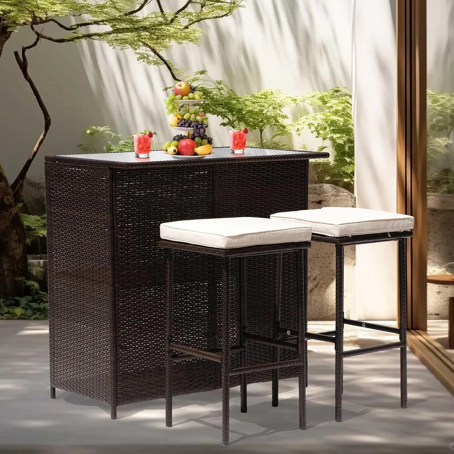 CL.HPAHKL Patio Bar Set, 3 Piece Outdoor Rattan Wicker Furniture Set with Glass Top Table & 2 Cushions Stools for Patios Backyards Porches Gardens Poolside, Khaki