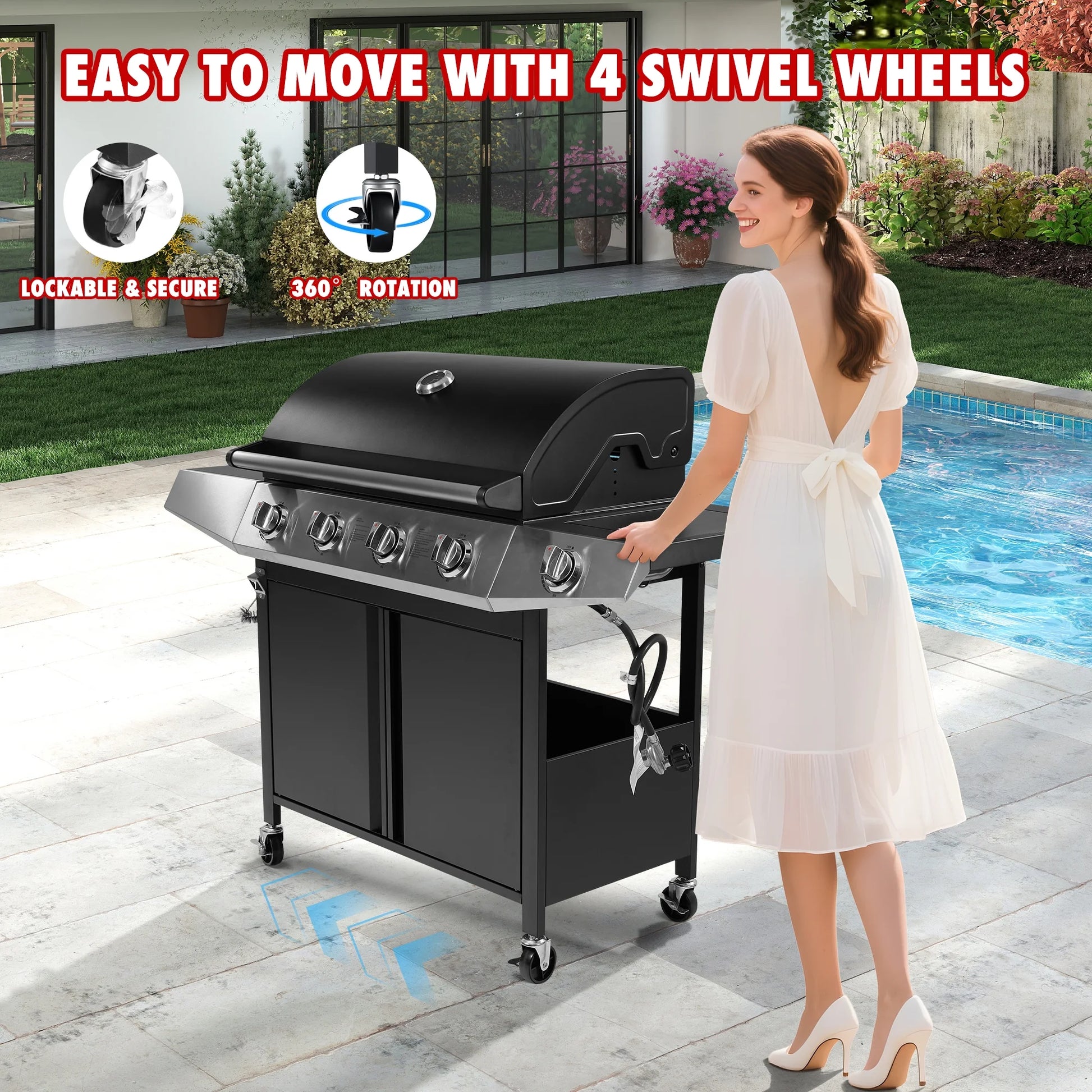 Enyopro 4 Burner Propane Gas Grill w/Side Burner, 50,000BTU Stainless Steel BBQ Grill with Brush, Built-in Thermometer, 4 Universal Wheels for Outdoor Cooking Patio Backyard