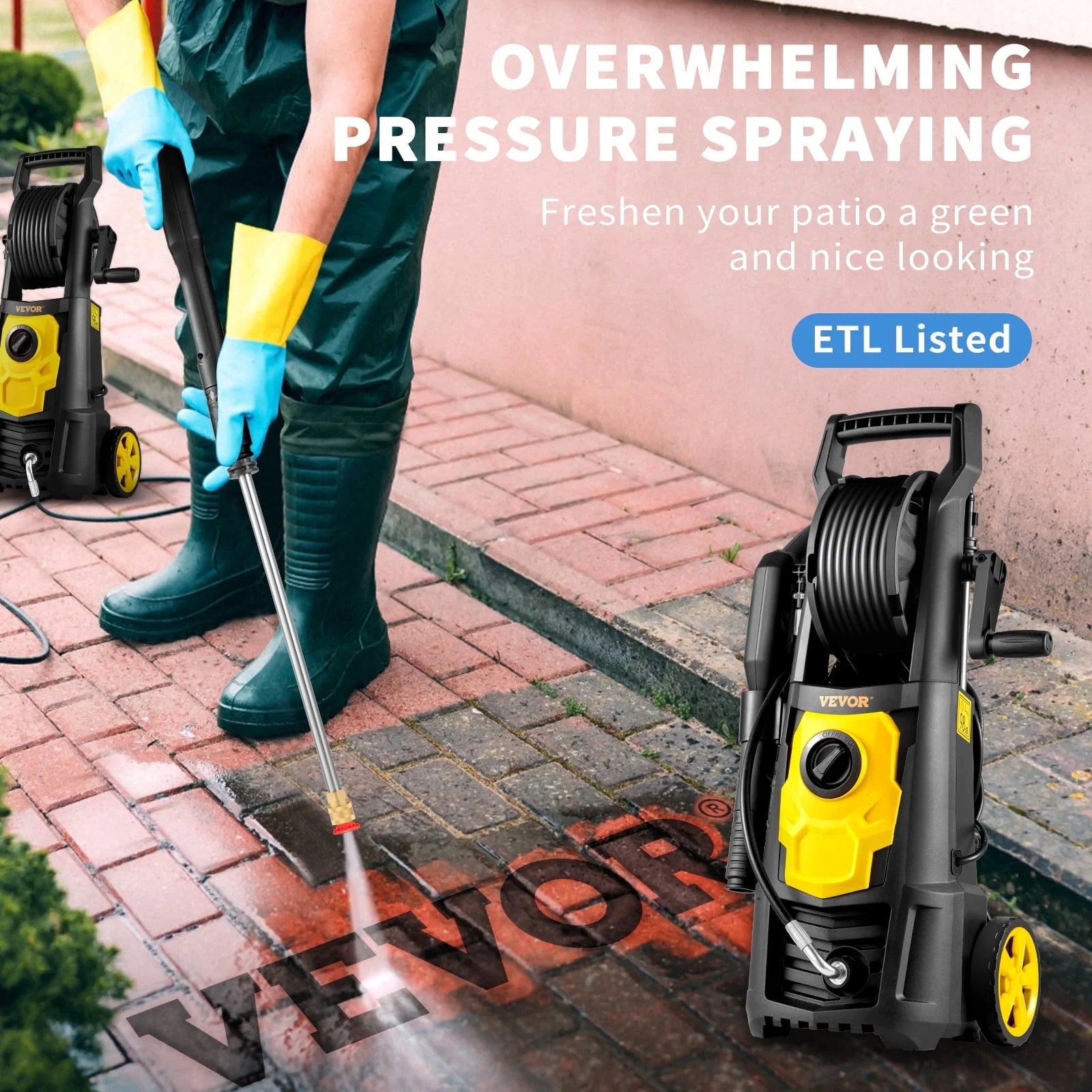 VEVOR Electric Pressure Washer, 2000 PSI, Max. 1.76 GPM Power Washer w/30 ft Hose & Reel, 5 Quick Connect Nozzles, Foam Cannon, Portable to Clean Patios, Cars, Fences, Driveways, ETL Listed