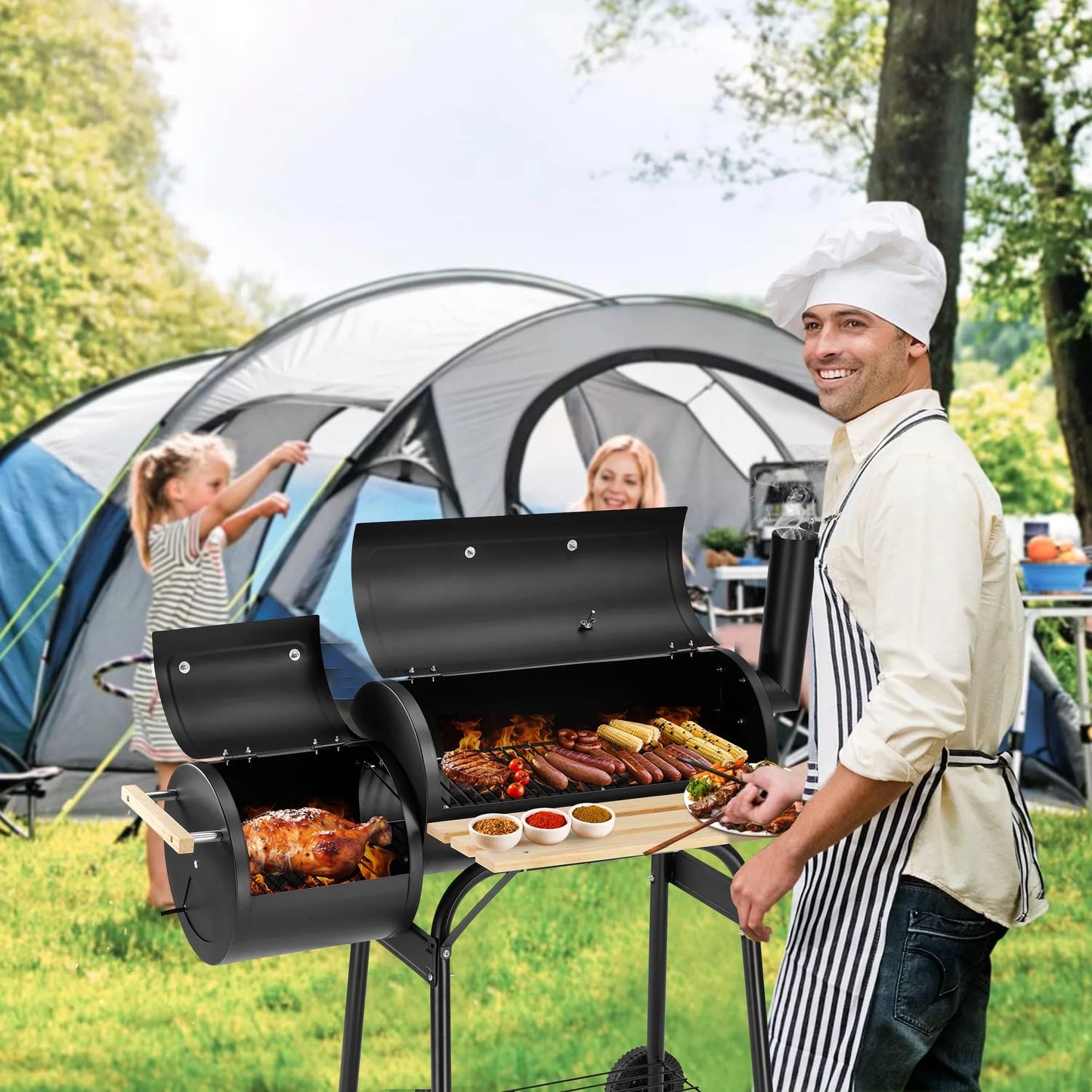 Enyopro Charcoal Grill, Portable BBQ Grill & Smoker Combo, with Offset Smoker and Wood Shelf, Thermometer, Wheels, for Outdoor Picnic, Patio, Backyard, Camping