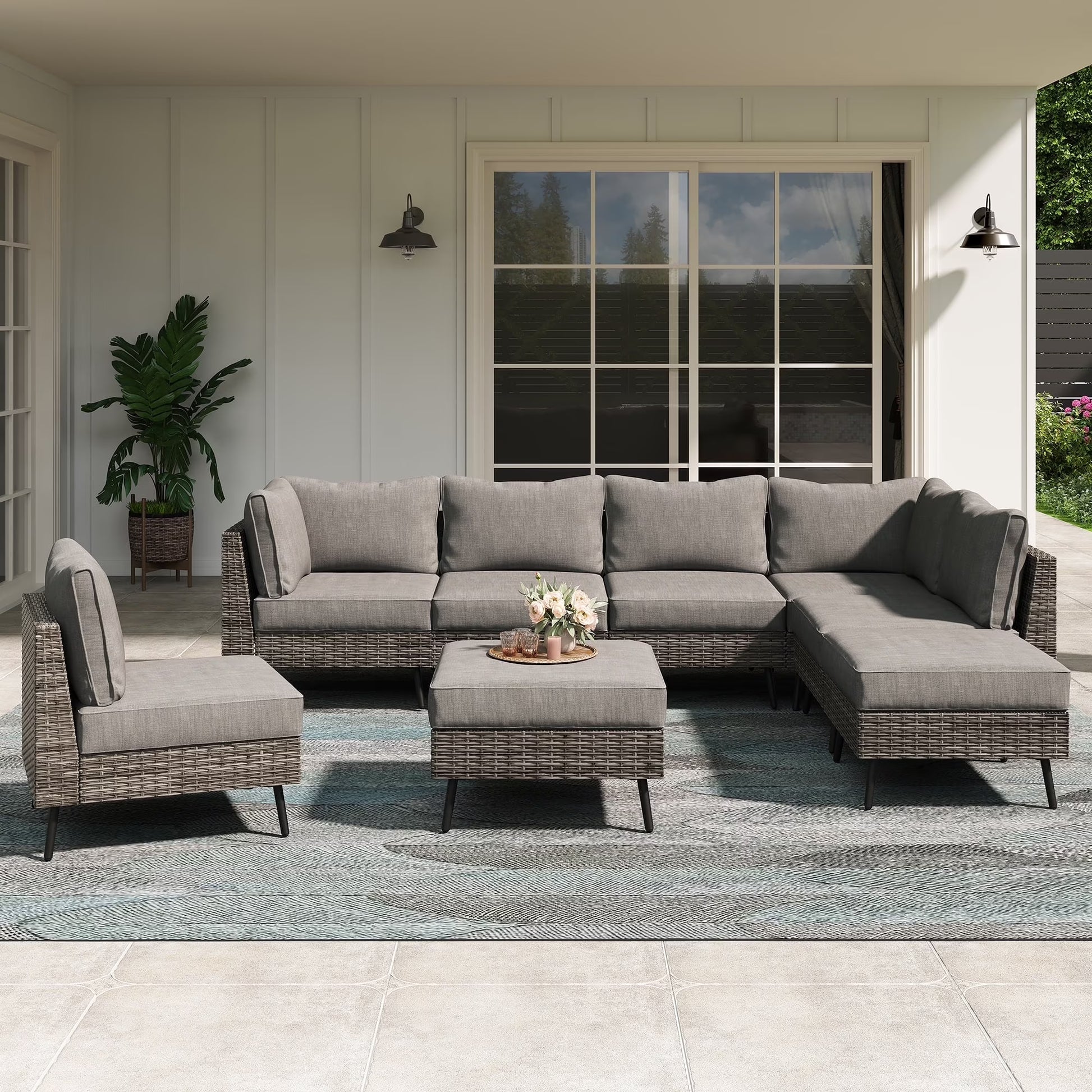 LAUSAINT HOME 6 Pieces Outdoor Furniture Set, Patio Rattan Wicker Sectionals with 4 Chairs and 2 Ottomans, Beige Cushions