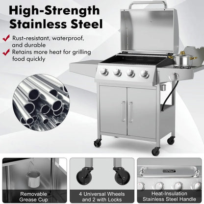 Aimee Lii 50000BTU 5-Burner Propane Gas Grill with Side Burner and 2 Prep Tables, BBQ Grill for Outdoor Cooking Kitchen, Garden and Patio Backyard Barbecue-Silver