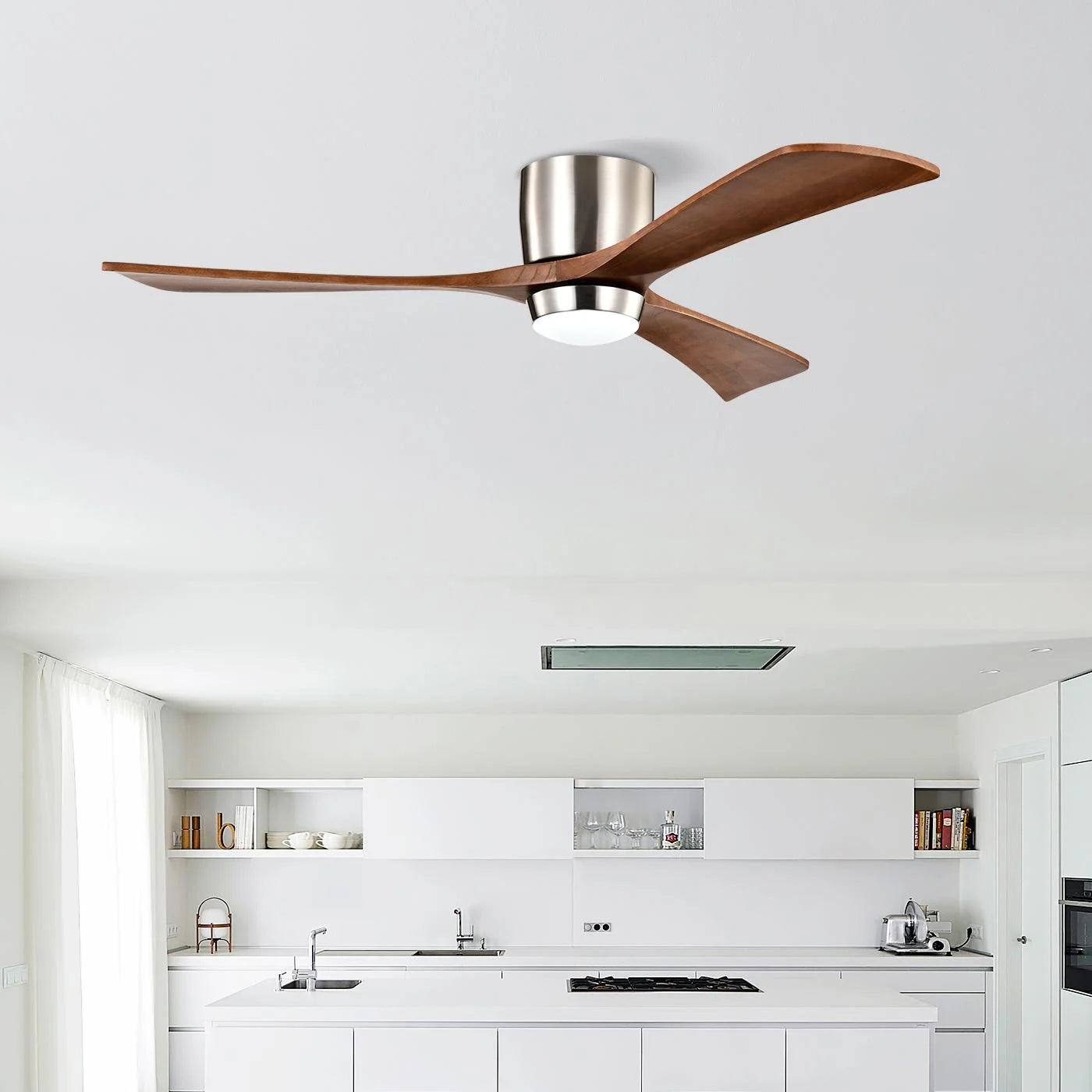 IVV 52 Inch Classic Flush Mount LED Ceiling Fan with Light, Remote Control, Reversible Motor, 6 Speed, 3 Wooden Blades for Bedroom Living Room Patio - Walnut