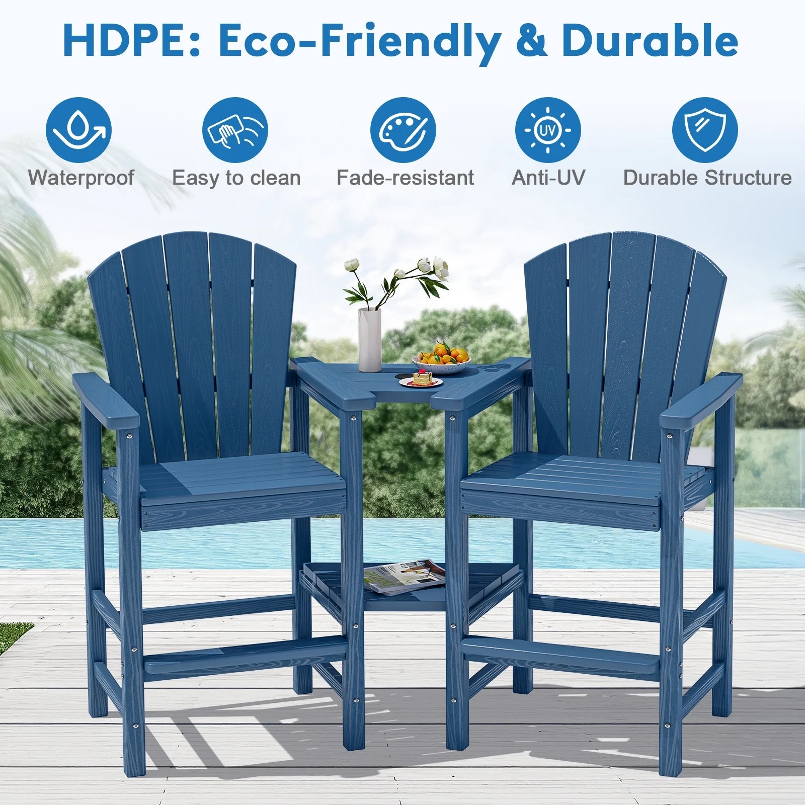 JUSTLET Tall Adirondack Chair Set of 2 with Double Connecting Tray, HDPE Outdoor Weather Resistant Patio Bar Stools, Navy Blue