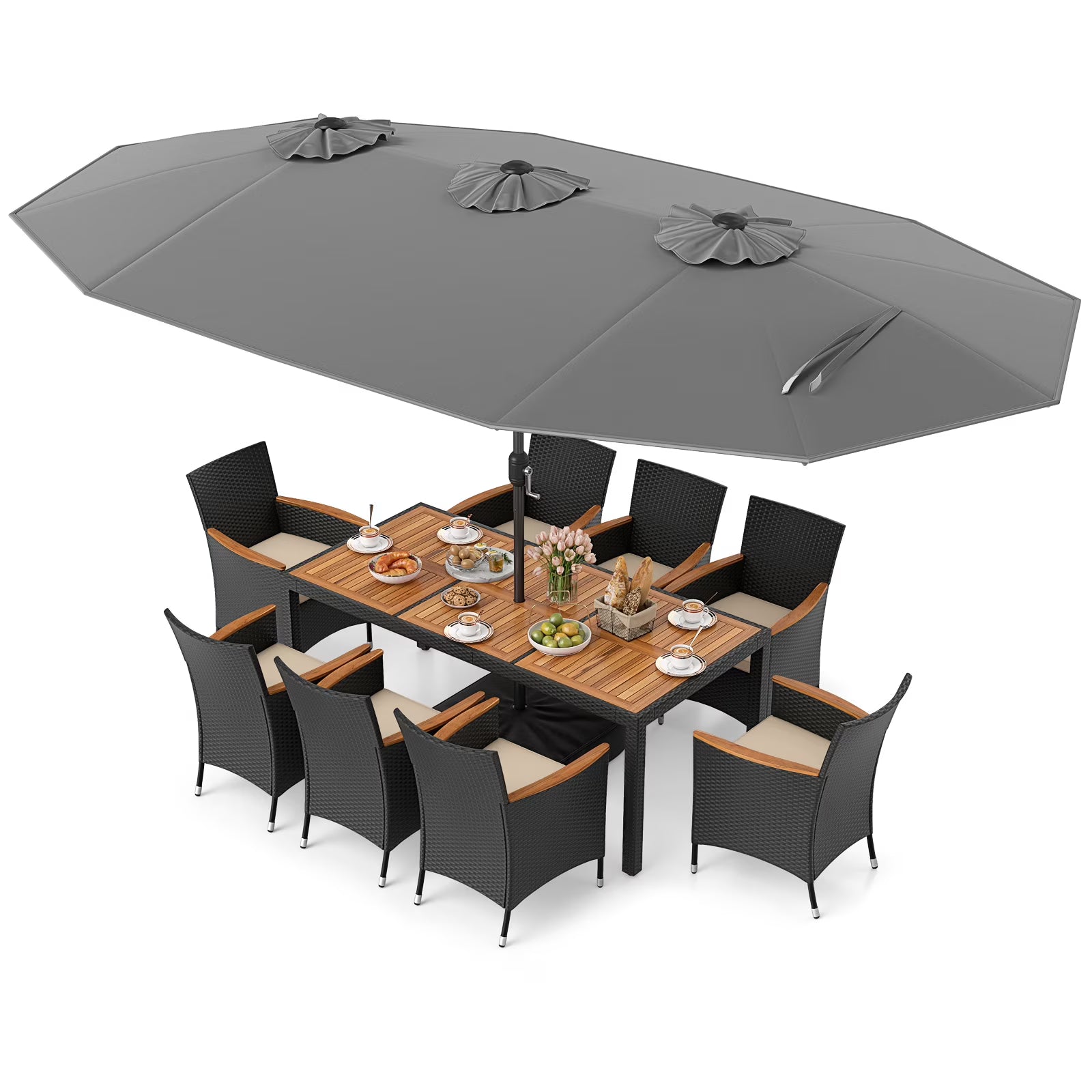 Costway 11 PCS Patio Wicker Dining Set with Double-Sided Outdoor Umbrella 8 Chairs Orange