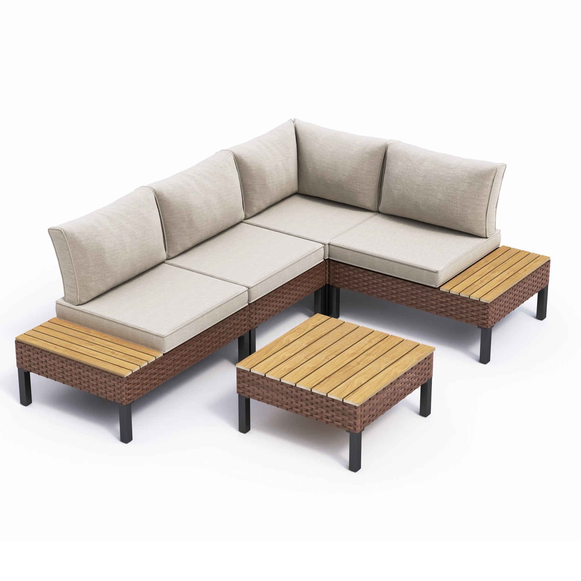 ELPOSUN L Shaped Conversation Sectional Sofa Set with Coffee Table, 5 Pieces Patio Furniture Seating Group with Side Table for Backyard Garden, Beige Grey