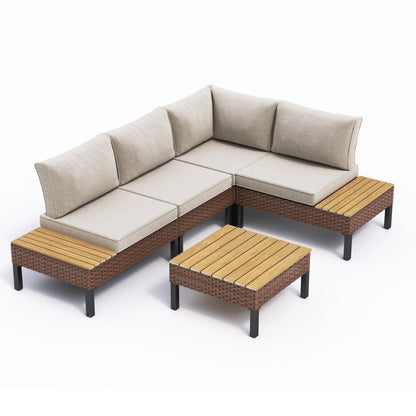 ELPOSUN L Shaped Conversation Sectional Sofa Set with Coffee Table, 5 Pieces Patio Furniture Seating Group with Side Table for Backyard Garden, Beige Grey