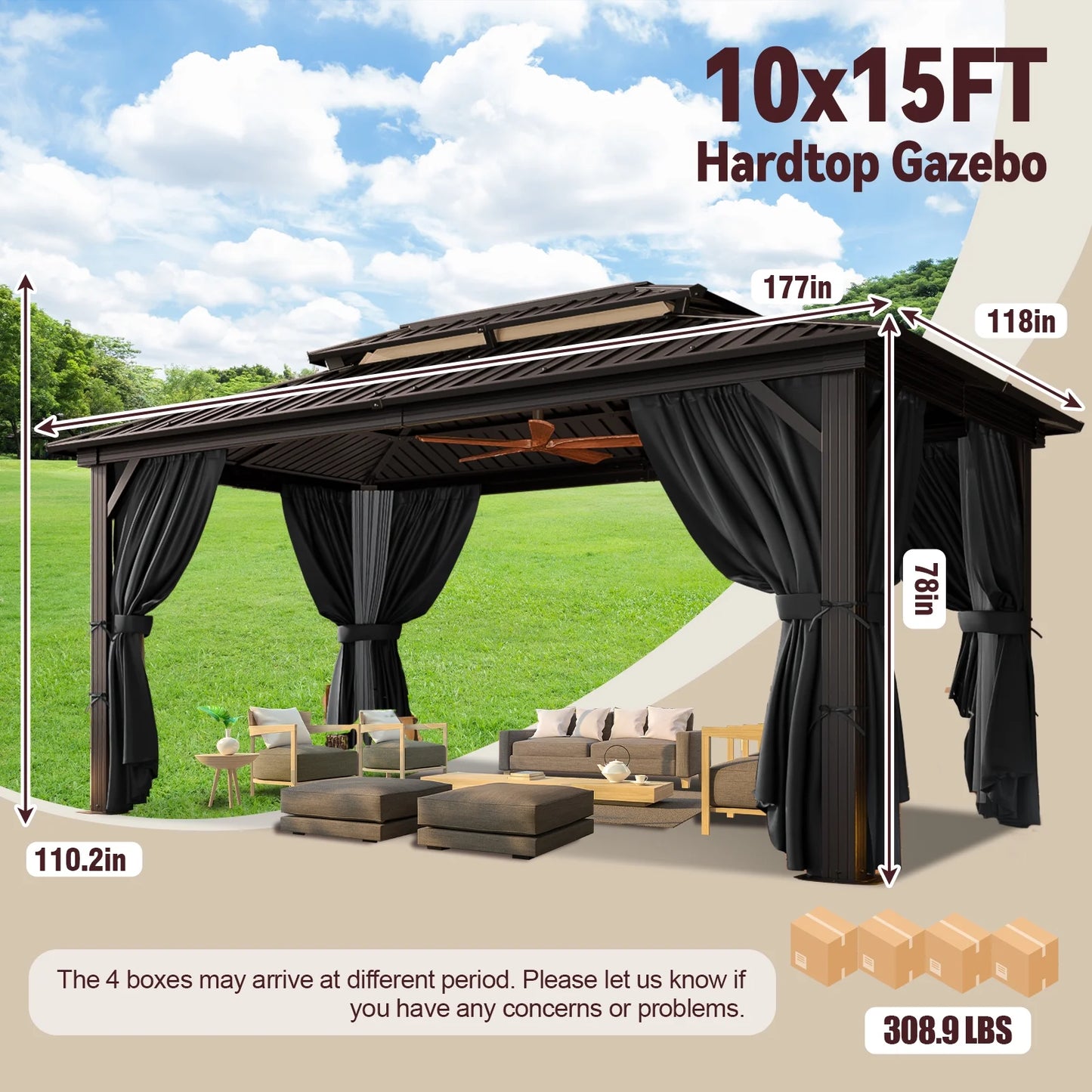 SANOPY 10x15ft Hardtop Gazebo Outdoor with Netting and Curtains Patio Gazebo Canopy Tent for Shade and Rain Double Roof Aluminum Permanent Gazebo Canopy for Garden, Backyard