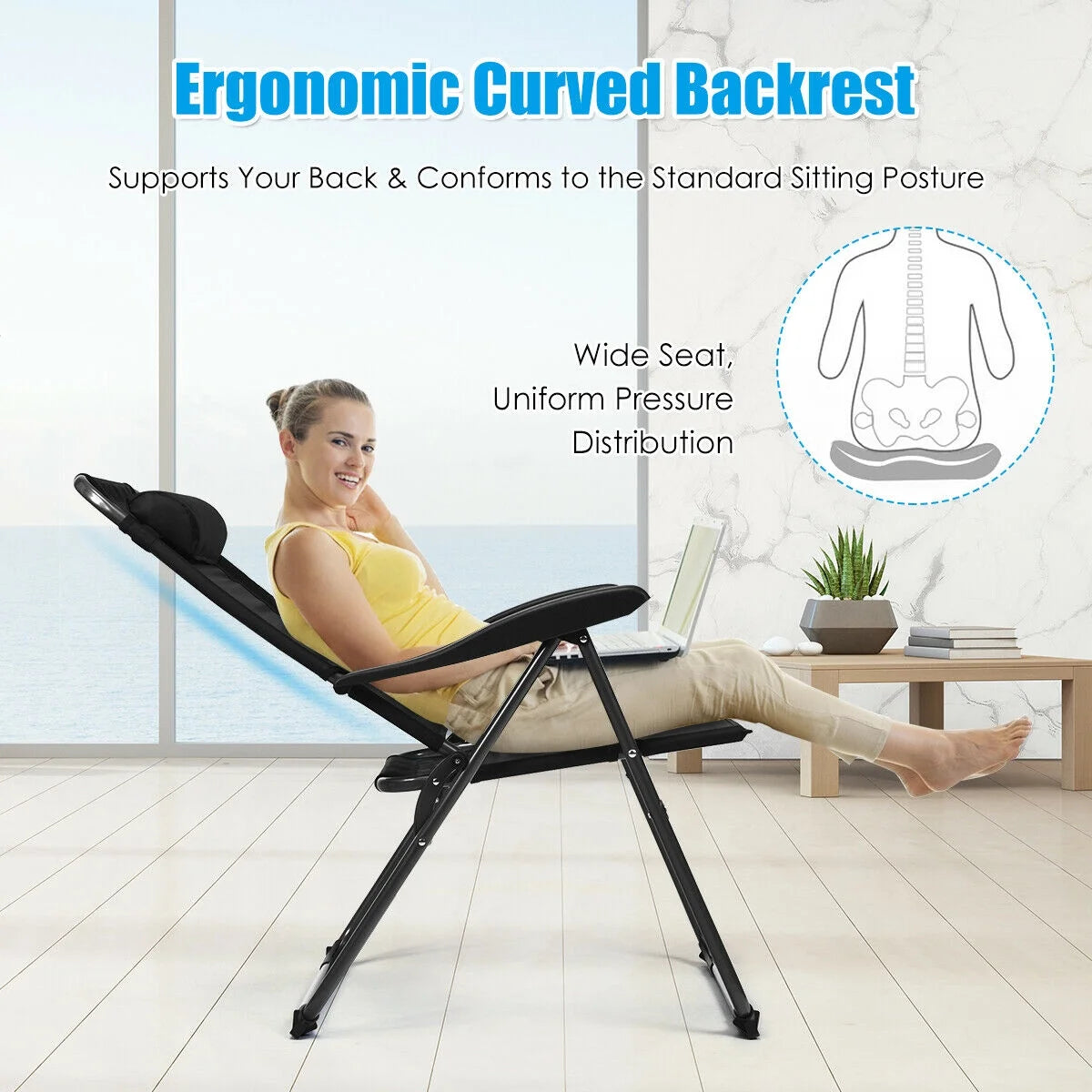 Gymax 2PC Folding Chairs Adjustable Reclining Chairs with Headrest Patio Garden Black