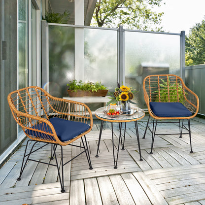 Costway 3PCS Patio Rattan Bistro Furniture Set Cushioned Chair Table Navy