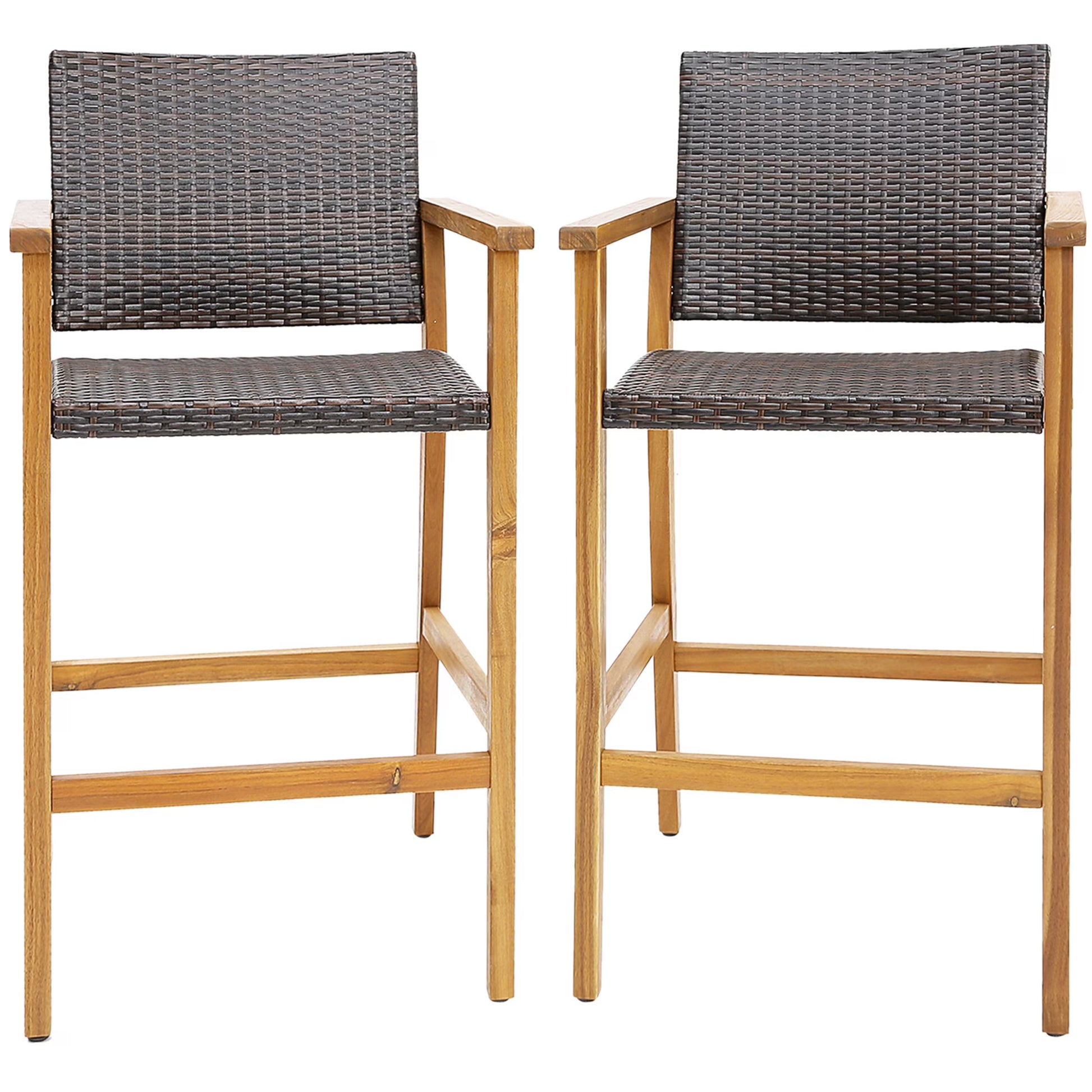 Costway 4PCS Patio PE Wicker Bar Chairs Height Barstools with Acacia Wood Armrests Balcony