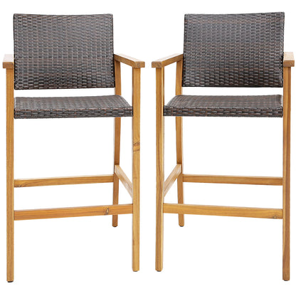 Costway 4PCS Patio PE Wicker Bar Chairs Height Barstools with Acacia Wood Armrests Balcony