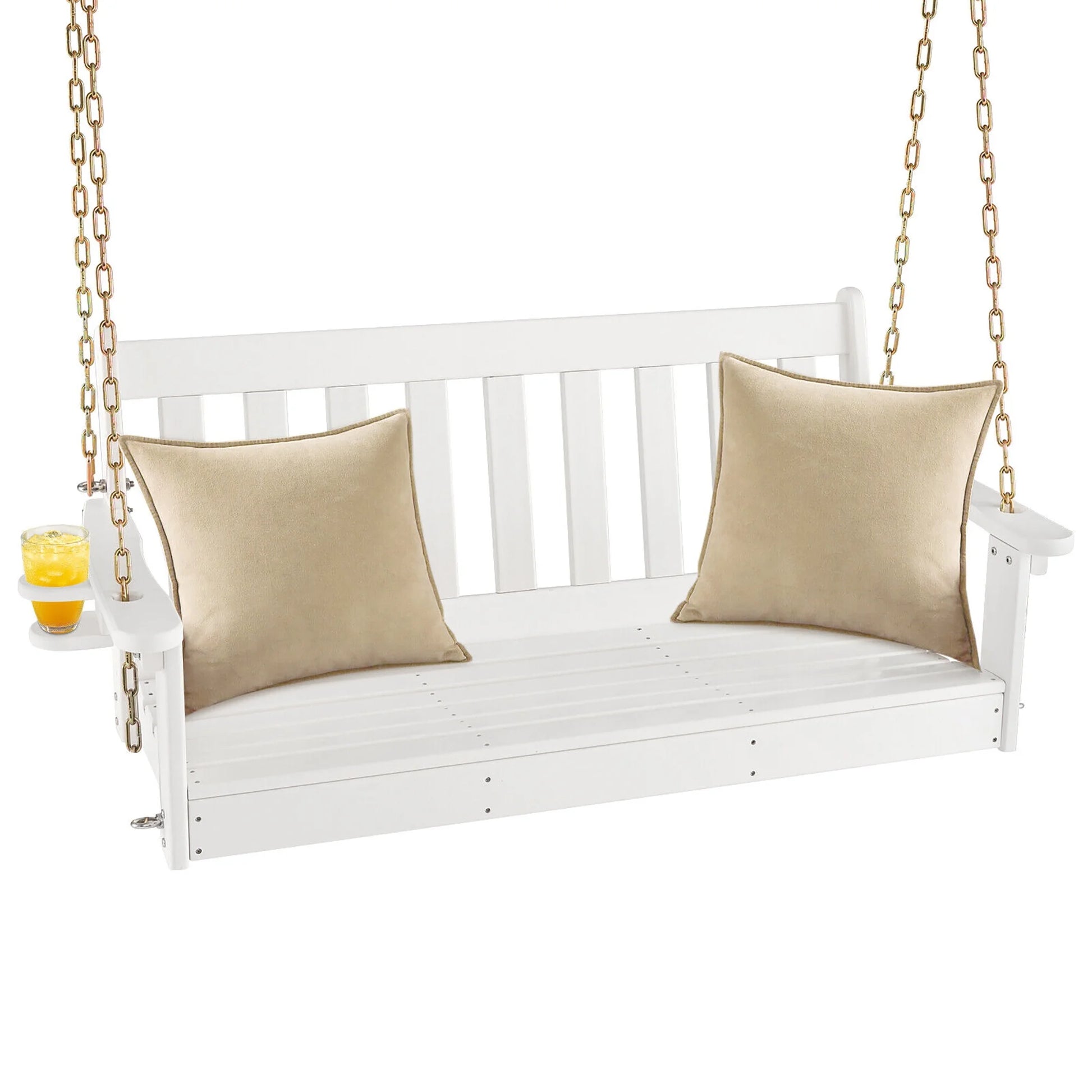 Gymax 54'' HDPE Porch Swing Outdoor Patio Hanging Chair w/Cup Holder Adjustable Chain