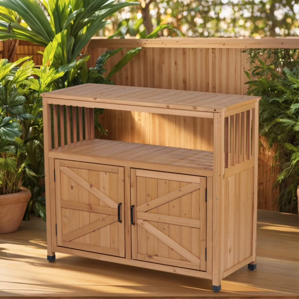 Outdoor Storage Cabinet, Patio Bar Table with Two Doors and Shelves, Wooden Patio Bar Table Set with Storage, Buffet Cabinet Sideboard for Outdoor and Indoor, Gray