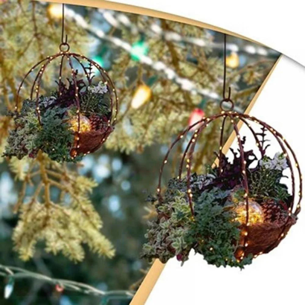 Artificial Christmas Hanging Basket,White LED String Lights Hanging Christmas Baskets, Christmas Hanging Planters with Pine Cones and Berries for Front Door Garden Patio