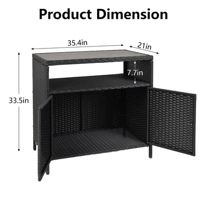 M optimized Patio Outdoor Wicker Storage Cabinet with Shelf, Patio Bar Table with 2-Door and Shelf, All Weather Resin Wicker, Patio Pool Garden Kitchen