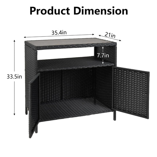 M optimized Patio Outdoor Wicker Storage Cabinet with Shelf, Patio Bar Table with 2-Door and Shelf, All Weather Resin Wicker, Patio Pool Garden Kitchen