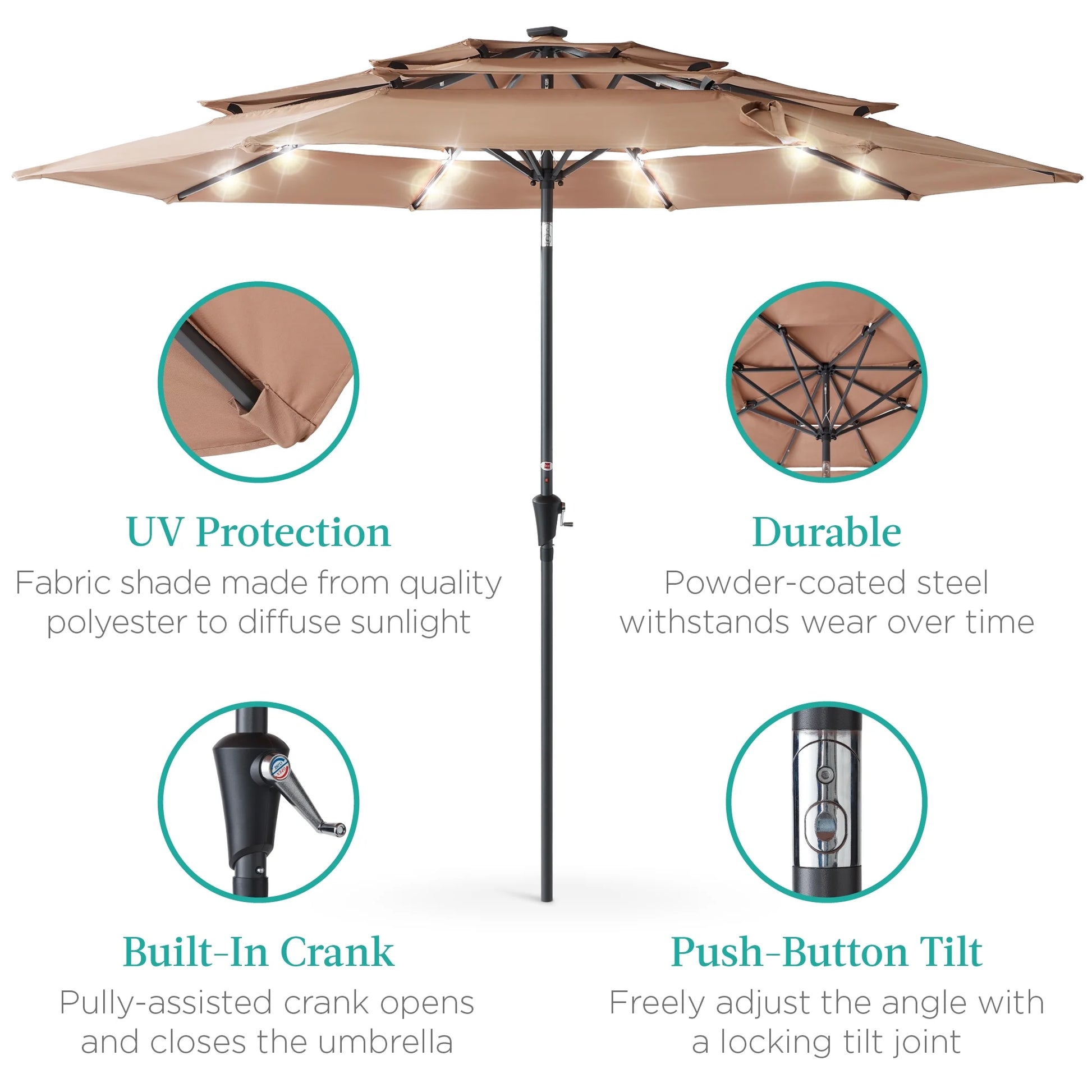 Best Choice Products 10ft 3-Tier Solar Patio Umbrella w/24 LED Lights, Tilt Adjustment, Easy Crank - Tan