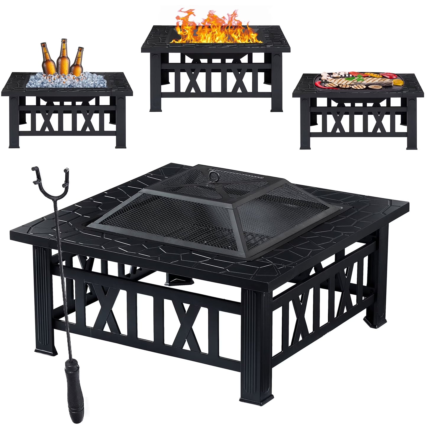 VECELO 30" Square Propane Fire Pit Table, 50,000 BTU Gas Fire Square Fireplace with Lid and Lava Rock for Outdoor, Patio, Backyard, Party, Black