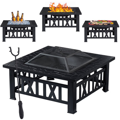 VECELO 30" Square Propane Fire Pit Table, 50,000 BTU Gas Fire Square Fireplace with Lid and Lava Rock for Outdoor, Patio, Backyard, Party, Black