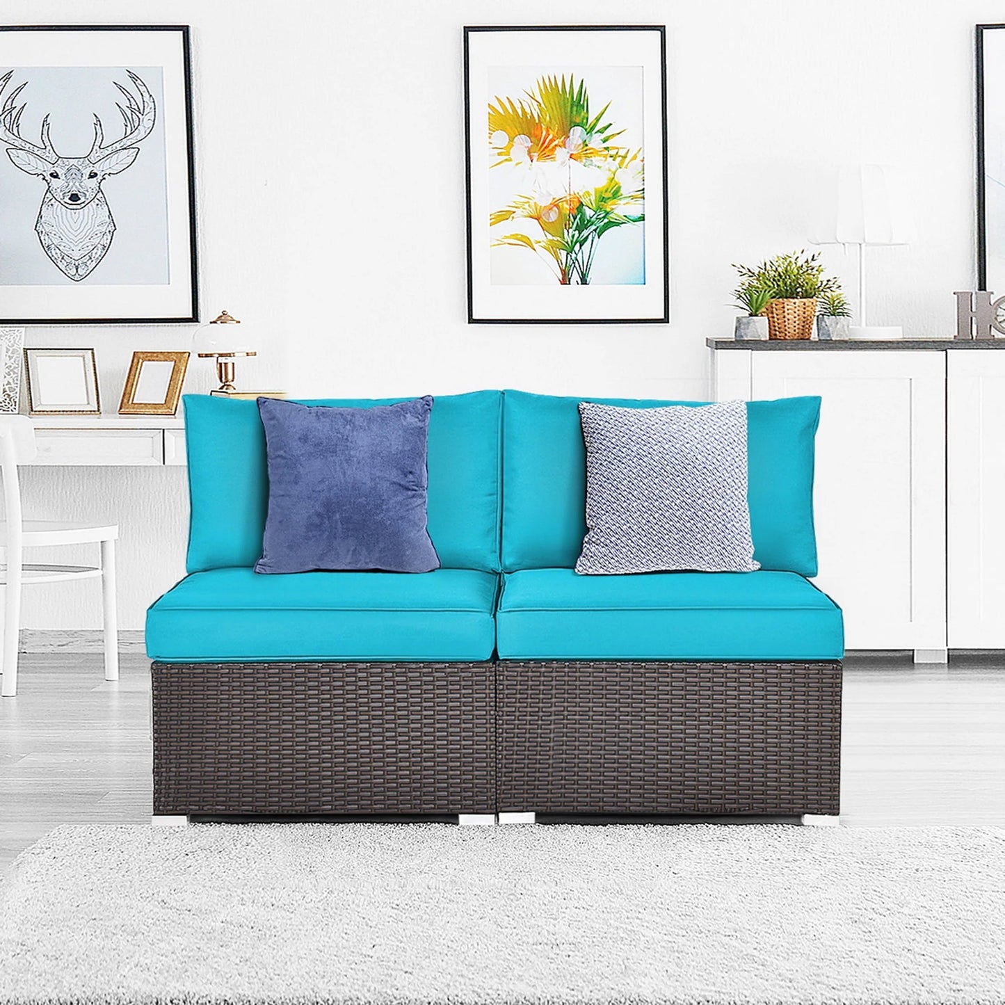 Gymax 2PCS Patio Wicker Rattan Sectional Armless Chair Sofa w/Turquoise Cushion