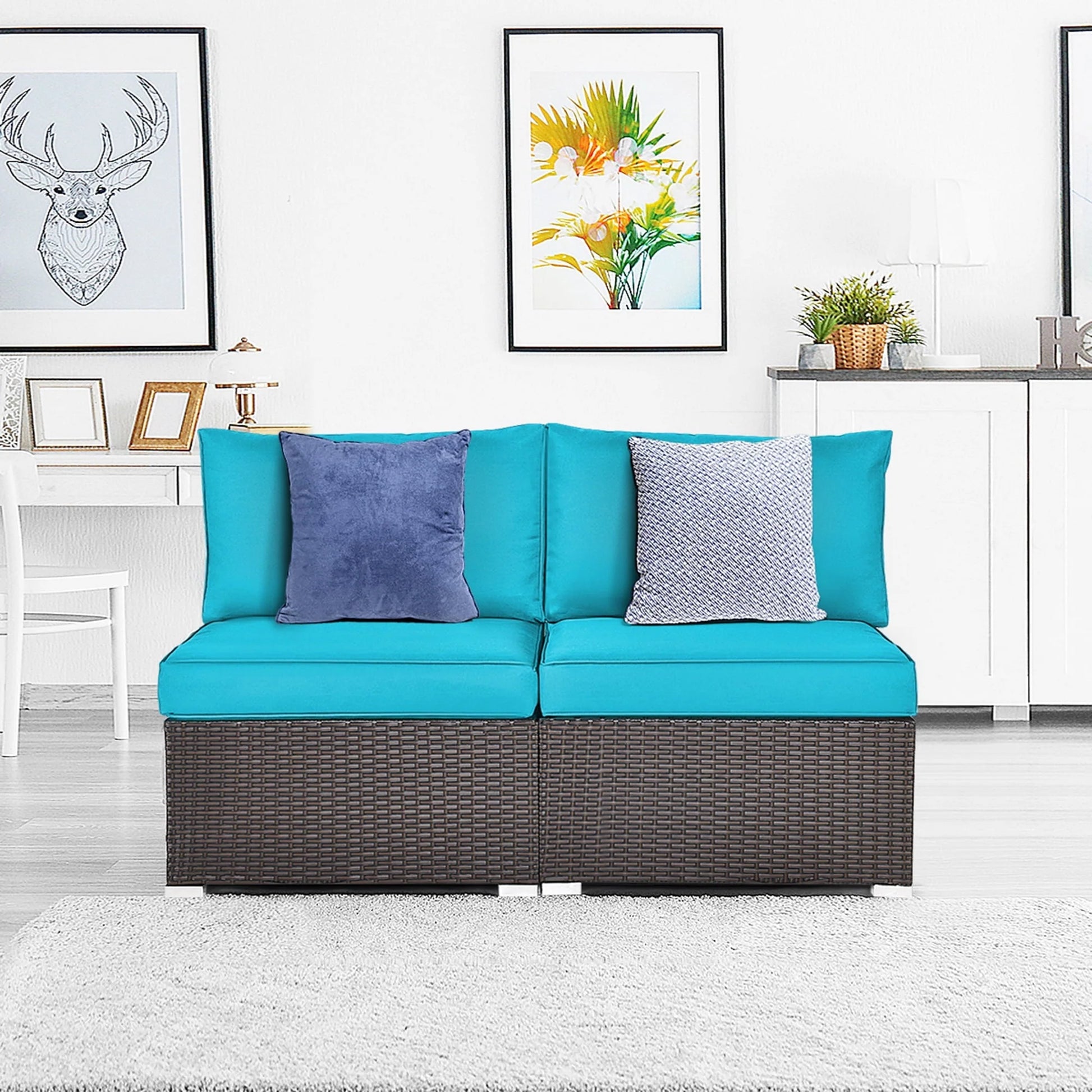 Gymax 2PCS Patio Wicker Rattan Sectional Armless Chair Sofa w/Turquoise Cushion
