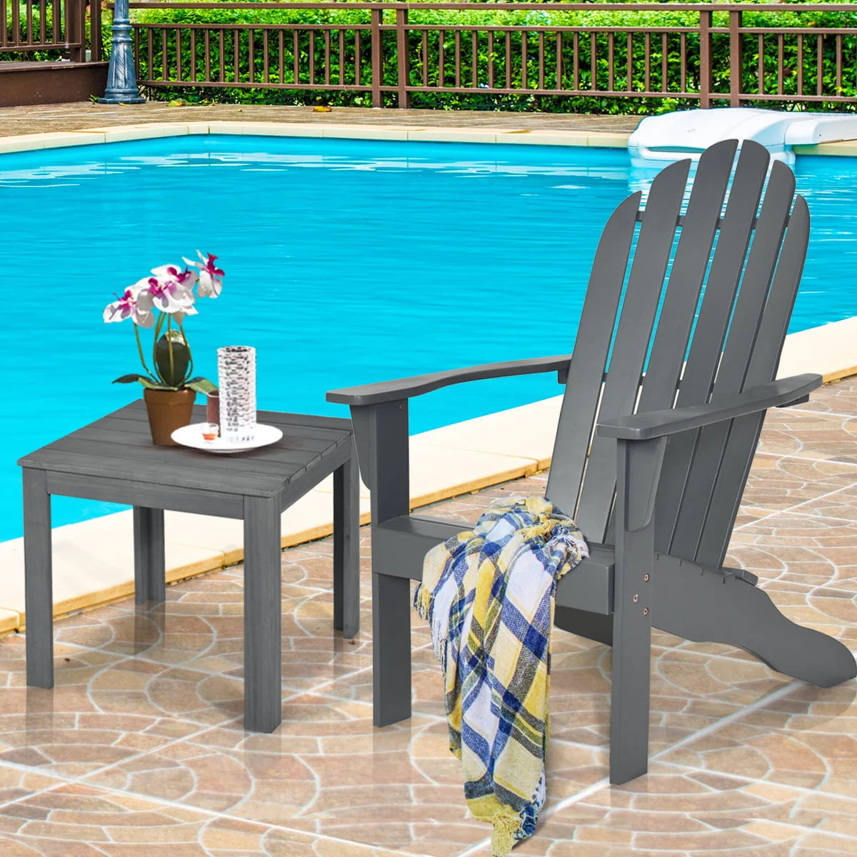 Costway Outdoor Adirondack Chair Accent Chair Solid Wood Durable Patio Garden Deck Furniture Gray