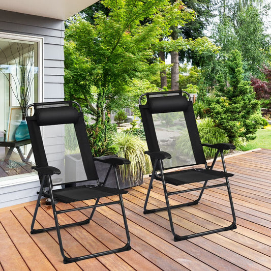 Gymax 2PC Folding Chairs Adjustable Reclining Chairs with Headrest Patio Garden Black