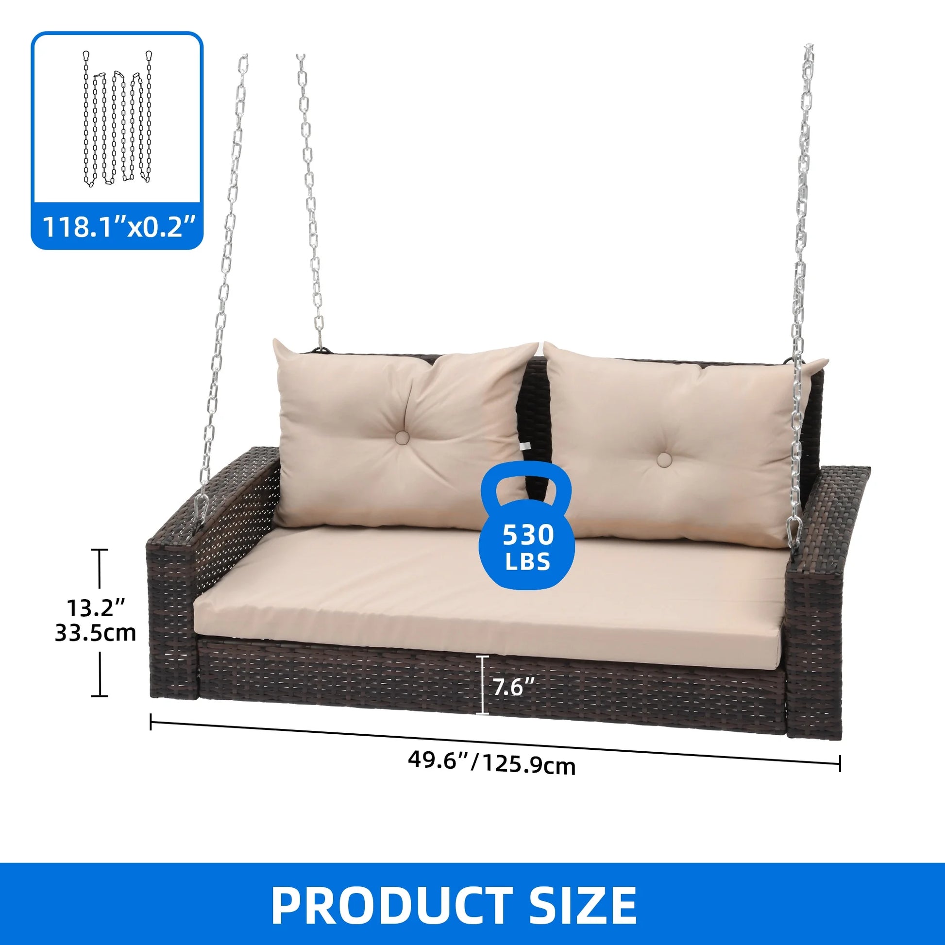 Dextrus 2-Seats Wicker Hanging Porch Swing Chair Outdoor Black Rattan Patio Swing Lounge w/2 Back Cushions Capacity 770lbs for Garden, Balcony, Living Room, Beige