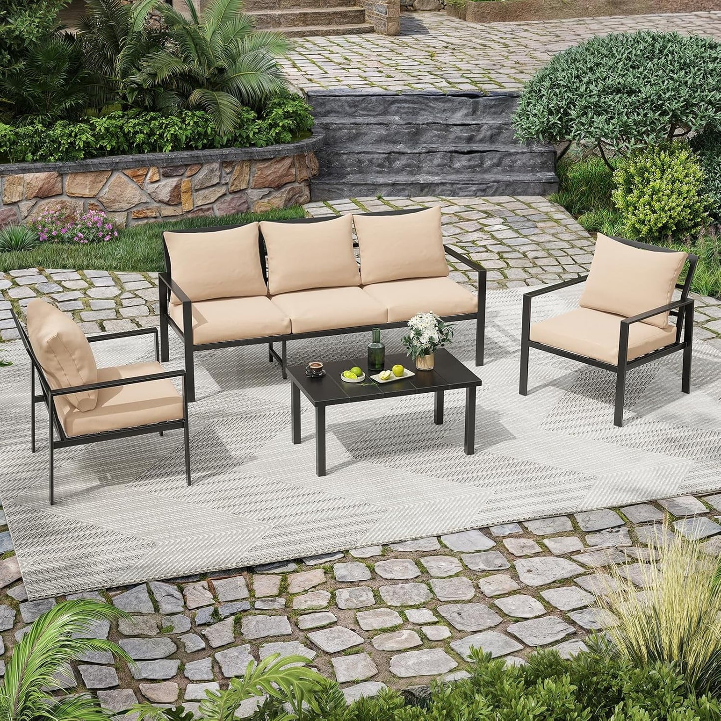 Farini Outdoor conversation sets, 4 Pieces Metal Patio Furniture Set with 2 Single Chairs, 3-Seat Sofas & Coffee Table, for Garden, Backyard, Balcony (Beige)