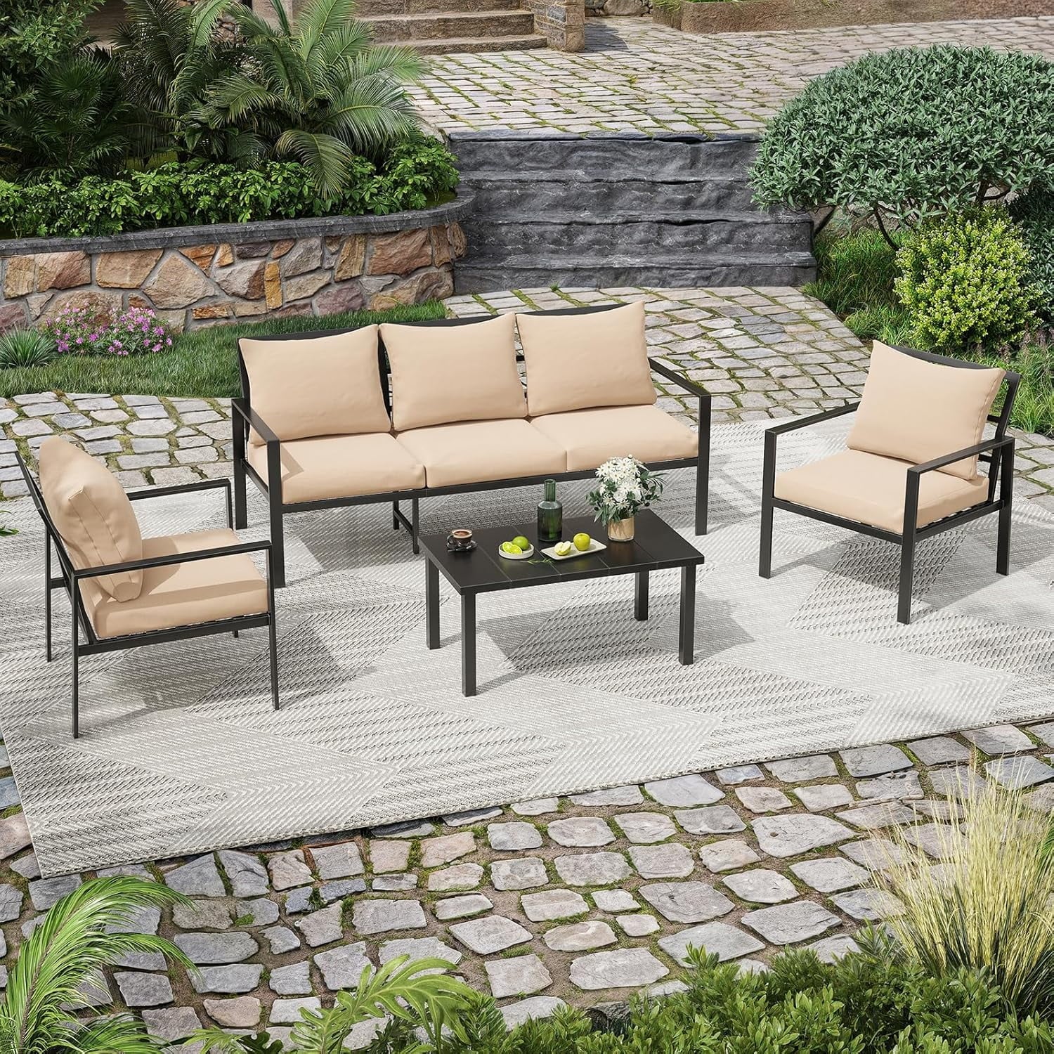 Farini Outdoor conversation sets, 4 Pieces Metal Patio Furniture Set with 2 Single Chairs, 3-Seat Sofas & Coffee Table, for Garden, Backyard, Balcony (Beige)
