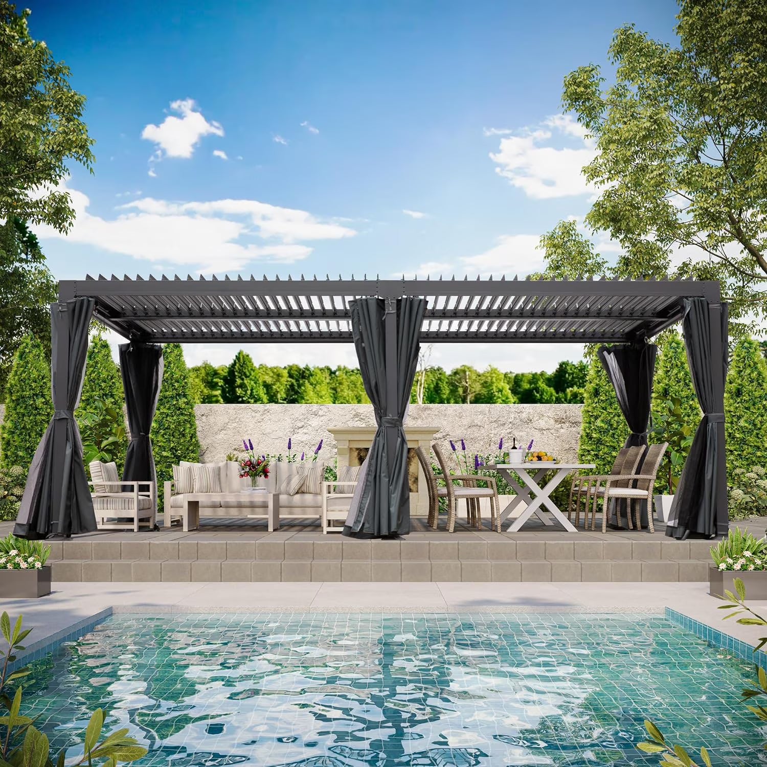 GAZEBETER 12' x 20' Louvered Pergola, Outdoor Aluminium Pergola with Adjustable Roof, Curtains and Netting, Hardtop Gazebo for Patio, Deck, Garden, Yard, Beach, White