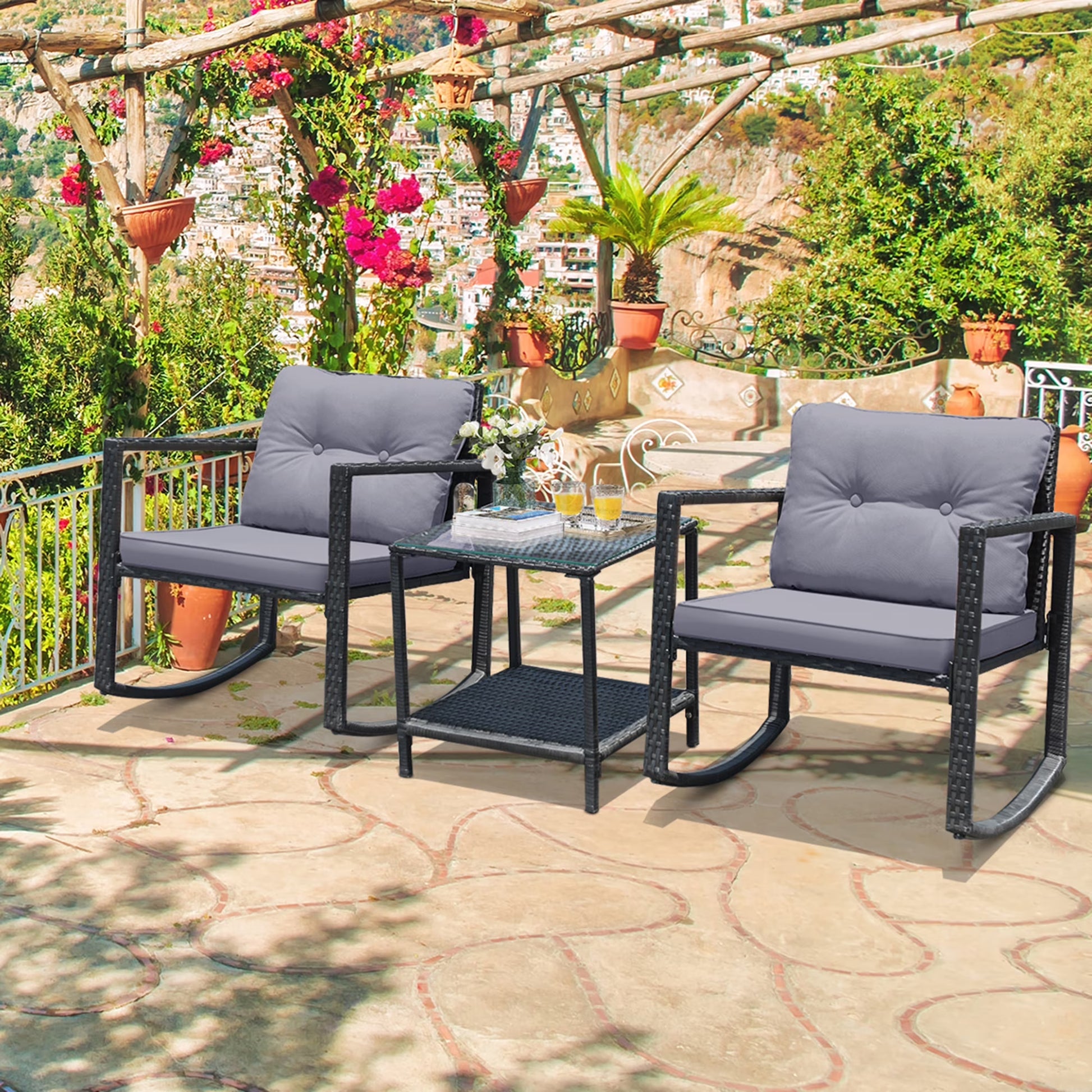 Gymax 3PCS Rattan Rocking Chair Table Set Patio Furniture Set w/Navy Cushions