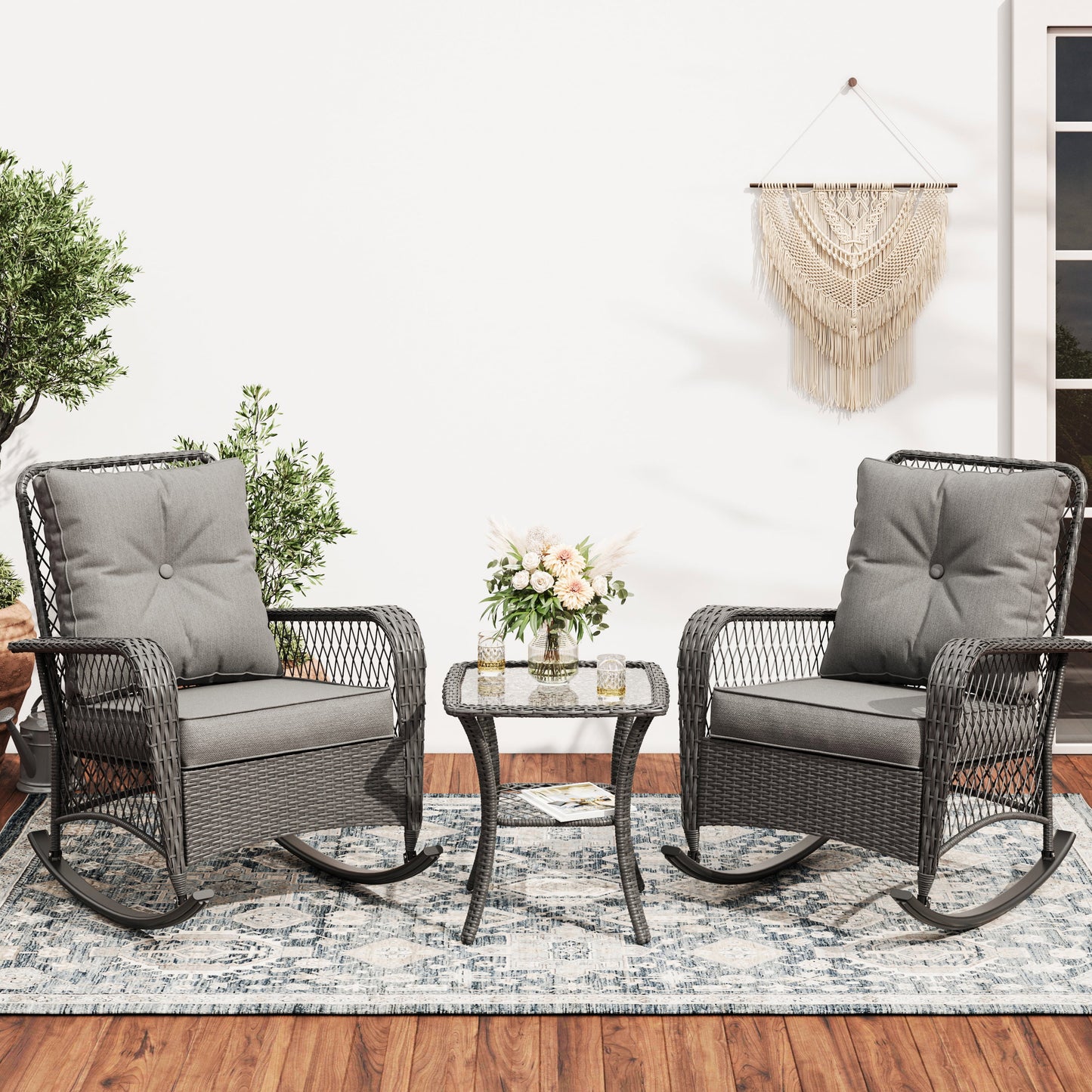 MRUAKA Outdoor Rocking Chairs Set of 3, Wicker Patio Furniture with Thickened Cushions and Table for Porch350lbs Weight Capacity(Gray)
