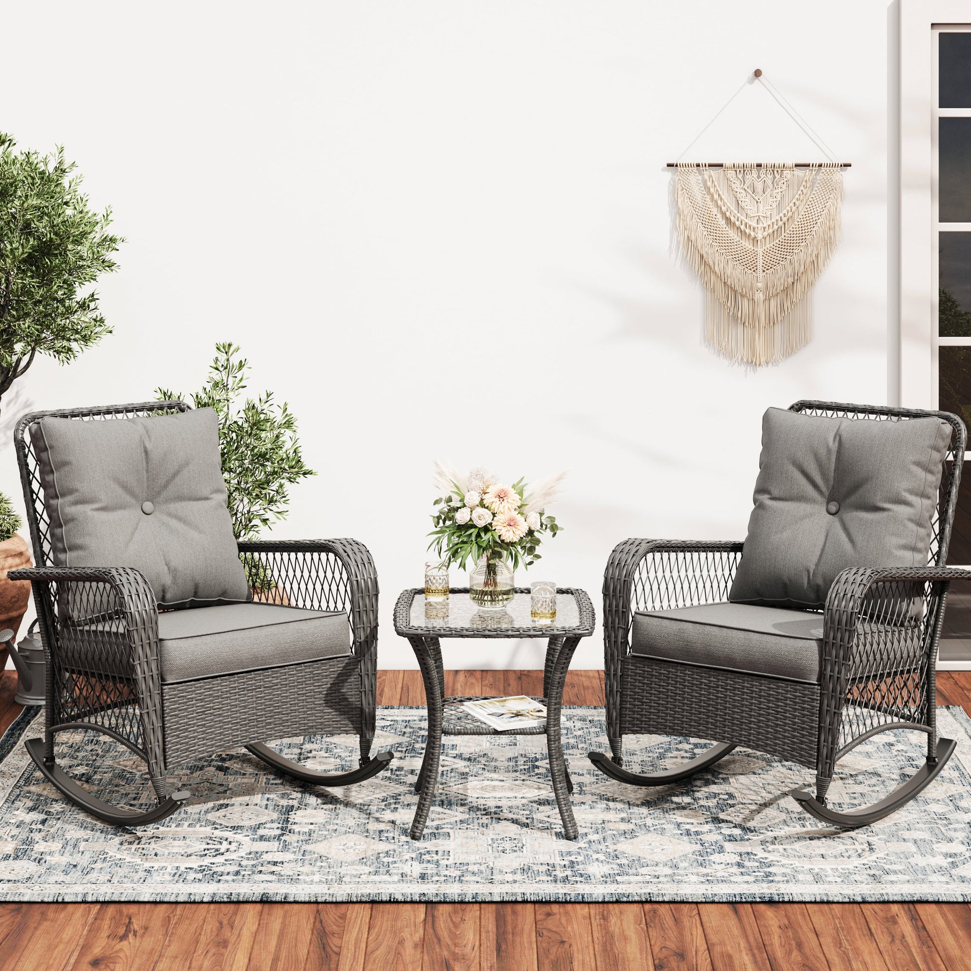 MRUAKA Outdoor Rocking Chairs Set of 3, Wicker Patio Furniture with Thickened Cushions and Table for Porch350lbs Weight Capacity(Gray)