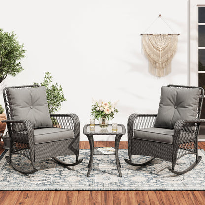 MRUAKA Outdoor Rocking Chairs Set of 3, Wicker Patio Furniture with Thickened Cushions and Table for Porch350lbs Weight Capacity(Gray)