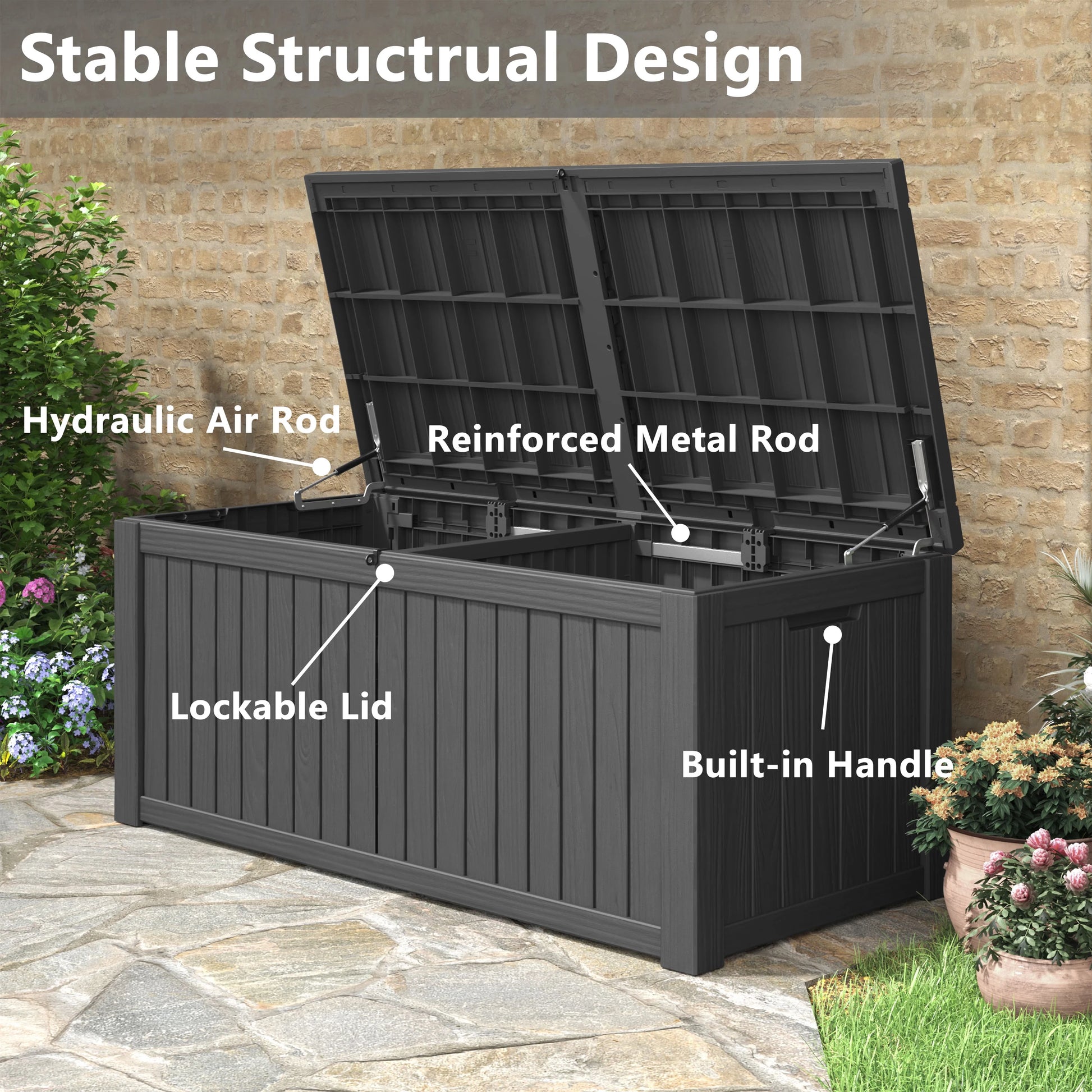 LHBcraft 150 Gallon Deck Box, Outdoor Storage Box, Large Waterproof Resin Indoor Storage Box with Built-in Steel Beams for Patio, Cushions, Pool Supplies