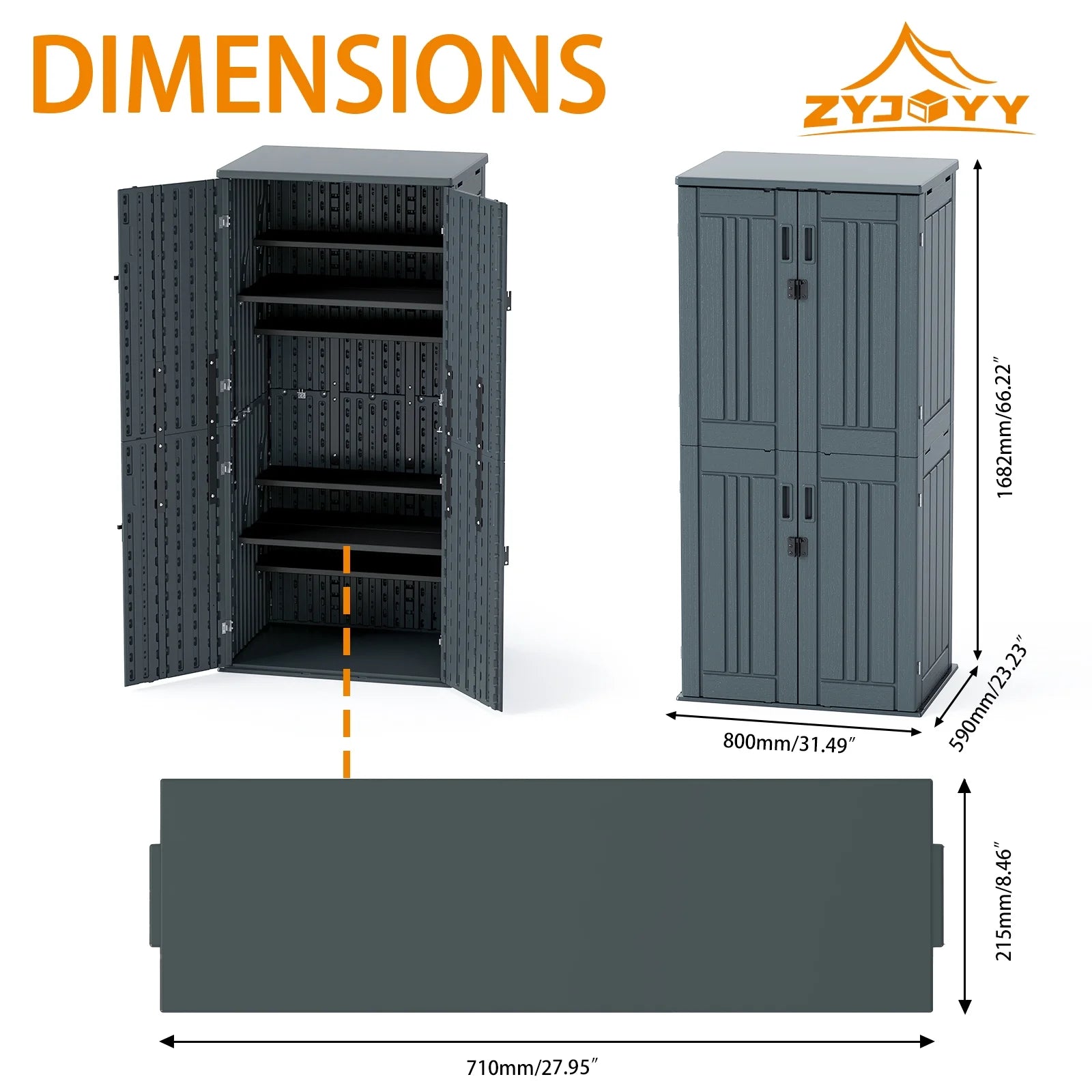 ZYJOYY 15 Cu.Ft Resin Outdoor Storage Shed with Floor & 2 Shelves, Lockable Waterproof Backyard Horizontal Cabinet for Patio, Garden Tools & Equipment,Sage Grey