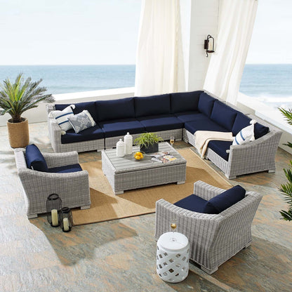 Lounge Sectional Sofa Chair Table Set, Rattan, Wicker, Light Grey Gray Blue Navy, Modern Contemporary Urban Design, Outdoor Patio Balcony Cafe Bistro Garden Furniture Hotel Hospitality