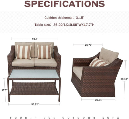 SUNCROWN 4 Piece Outdoor Patio Sectional Set ,Rattan Wicker Furniture Conversation Set (Brown)