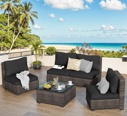 Gaildon 5 Piece Patio Furniture Set with Fire Pit Table, All Weather Outdoor Sectional PE Rattan, Patio Conversation Sets with Cushions for Garden Lawn Balcony Porch Deck, Grey