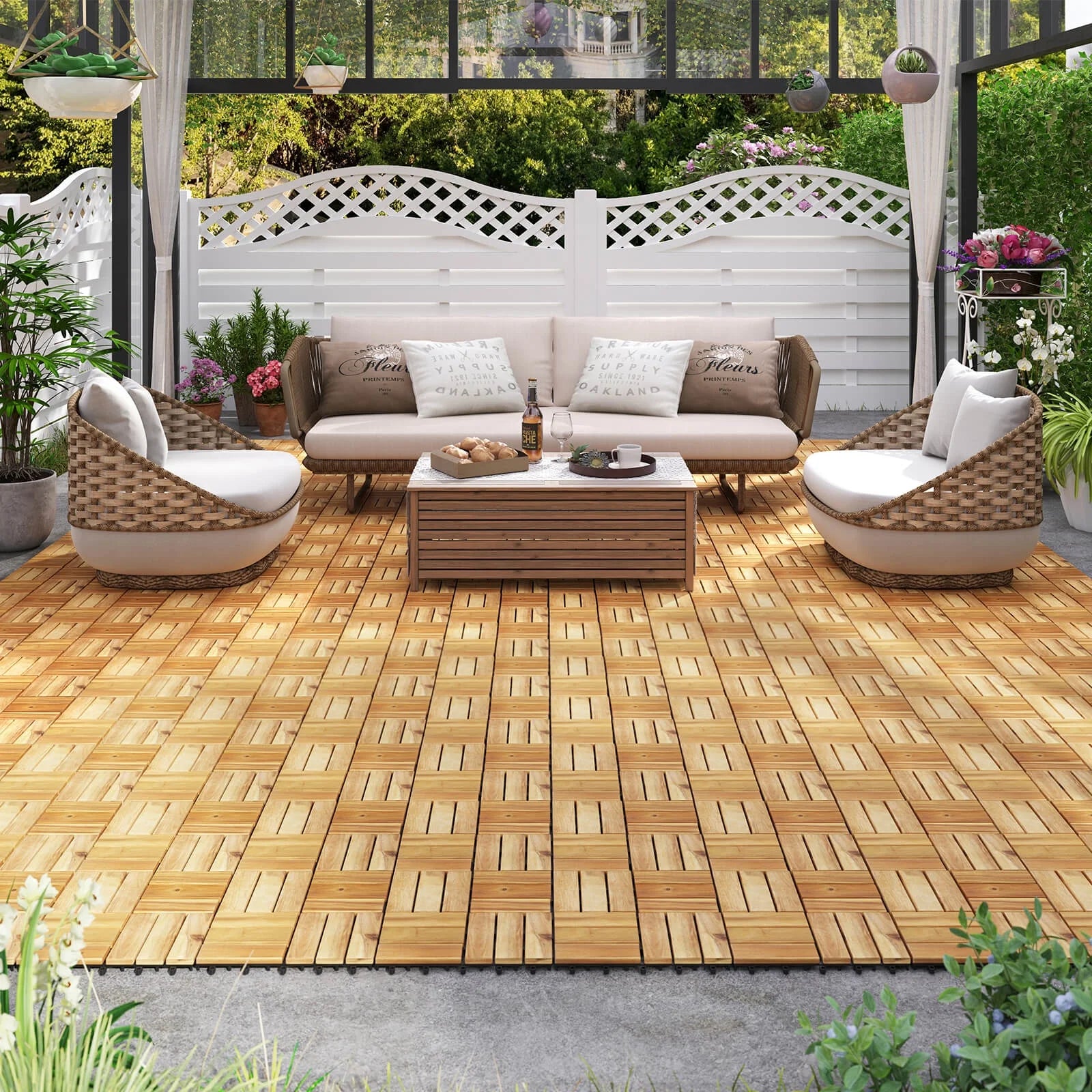 Costway 30 PCS Interlocking Flooring Tiles Floor Decking for Patio Acacia Wood Outdoor