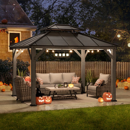 SUNJOY 10 x 12 ft. Wood Gazebo, Outdoor Patio Steel Hardtop Gazebo, Cedar Framed Wooden Gazebo with 2-Tier Metal Roof, Suitable for Patios, Lawn and Backyard, Matte Black Roof + Gray Wood Frame