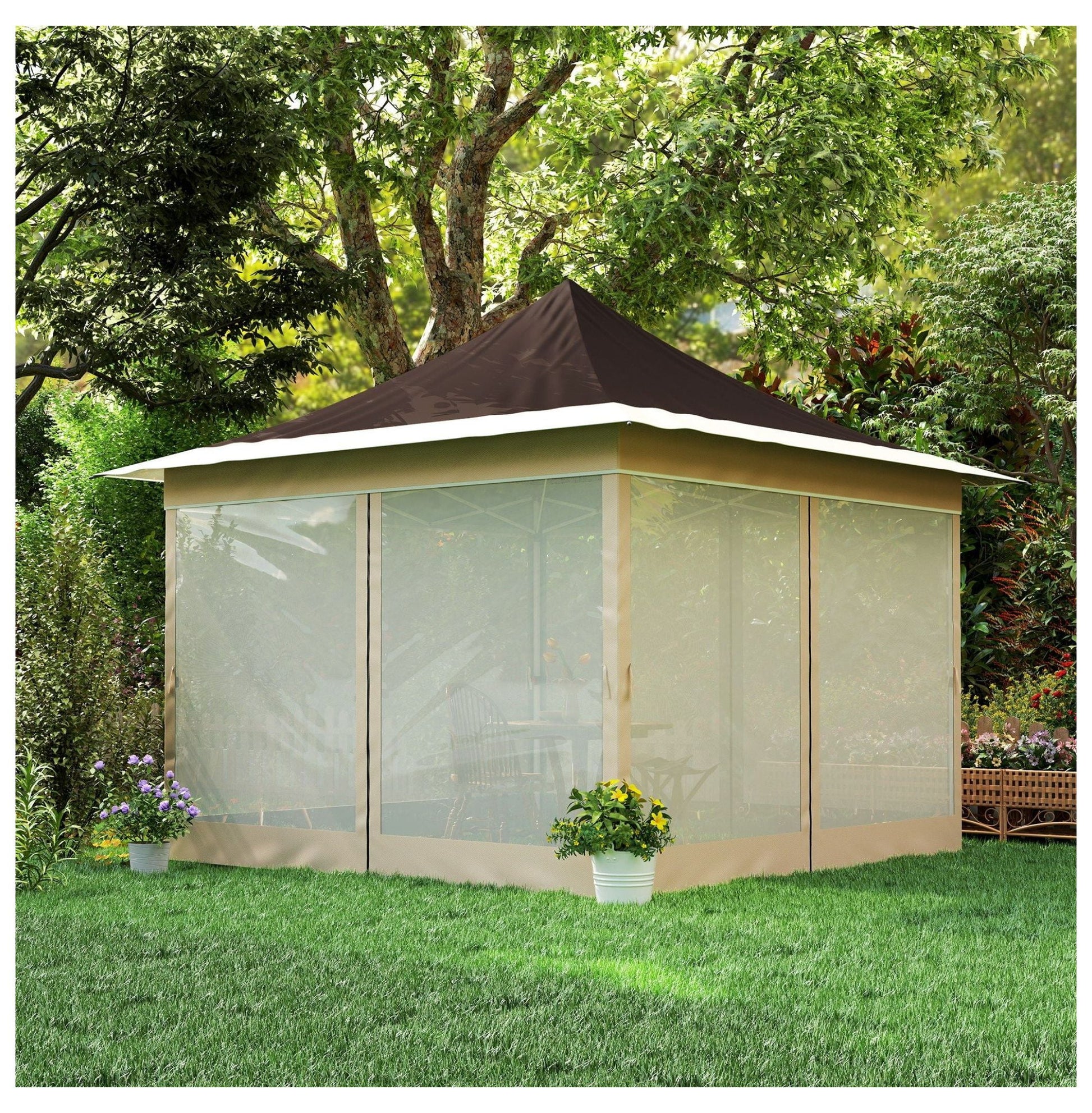 12x12 Pop Up Canopy Tent with Mesh Netting, UPF50+ Sun Shelter - Brown Patio Gazebo with Carry Bag