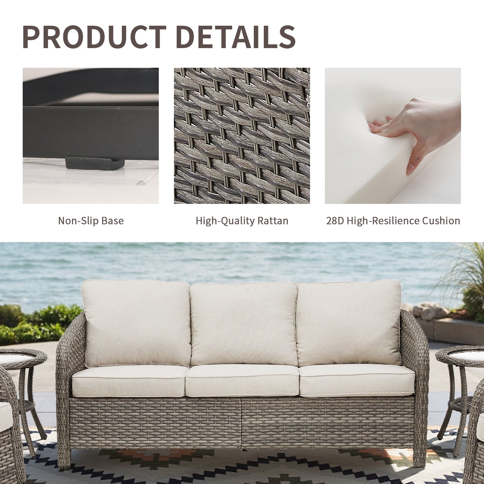 3-Seat Patio Wicker Sofa Outdoor Rattan Couch Furniture Steel Frame with Beige cushion& Waterproof Cover, Gray
