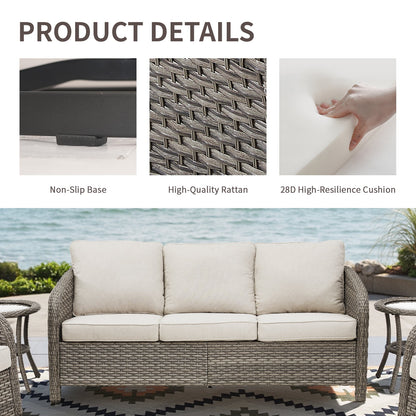 3-Seat Patio Wicker Sofa Outdoor Rattan Couch Furniture Steel Frame with Beige cushion& Waterproof Cover, Gray
