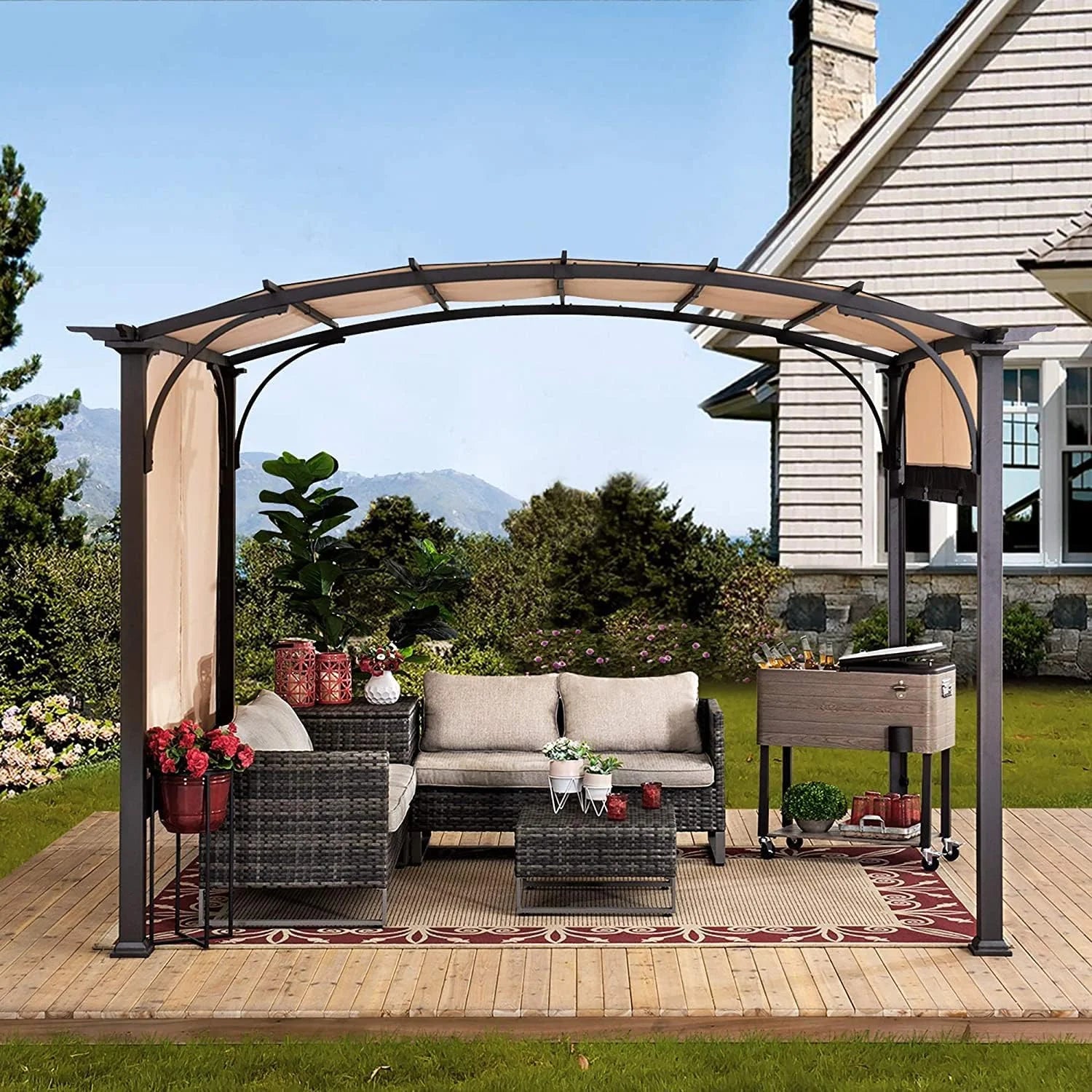 Outdoor Pergola Steel Arched Pergola with Adjustable Canopy for Patio, Backyard and Garden