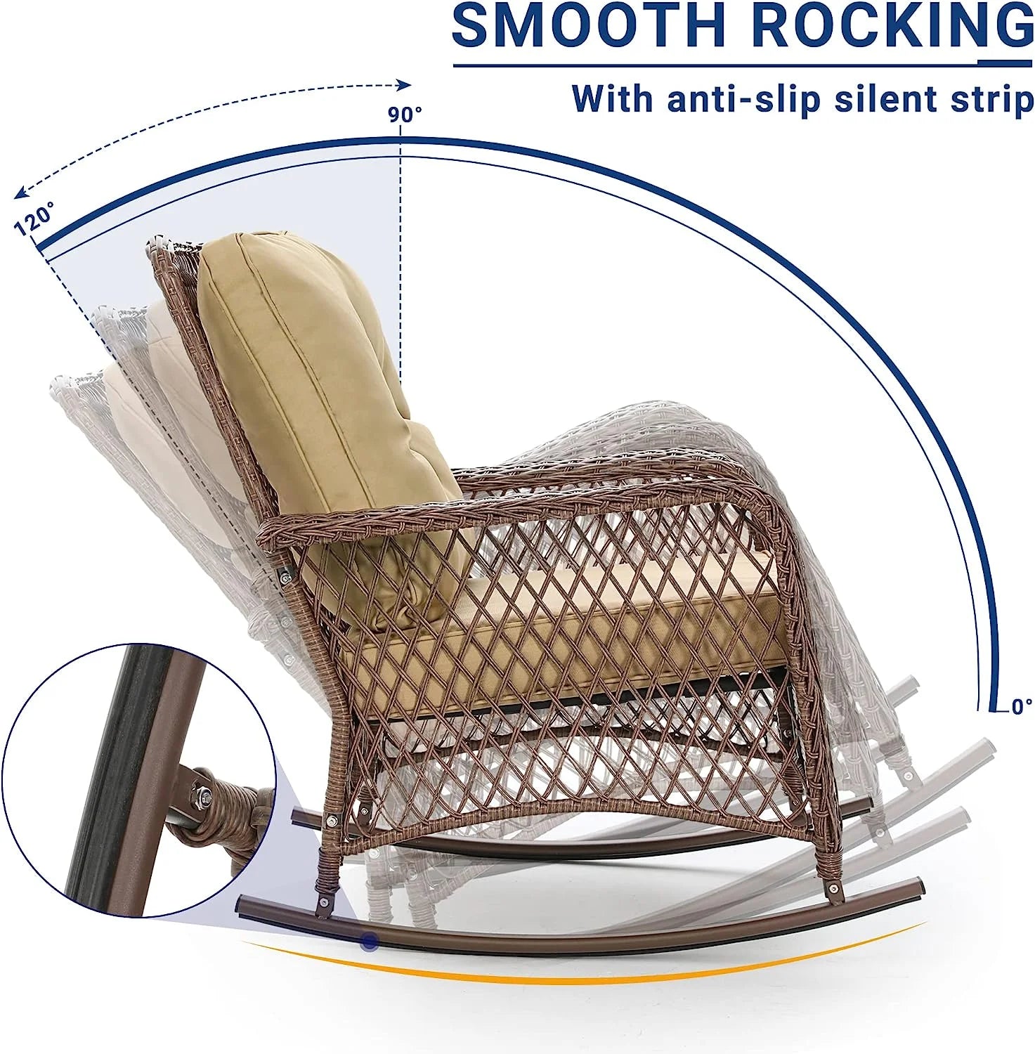 Techmilly 3-Piece Outdoor Rocking Chairs, Wicker Patio Furniture with Thickened Cushions and Table for Porch (Khaki)