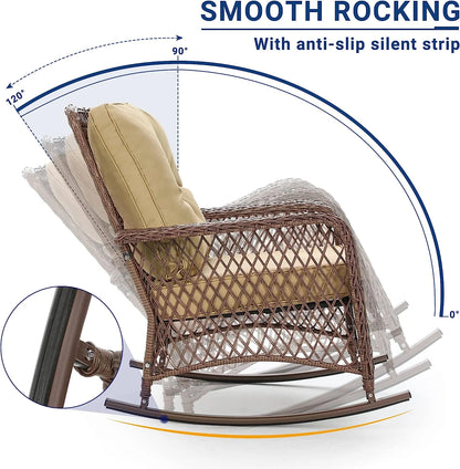 Techmilly 3-Piece Outdoor Rocking Chairs, Wicker Patio Furniture with Thickened Cushions and Table for Porch (Khaki)